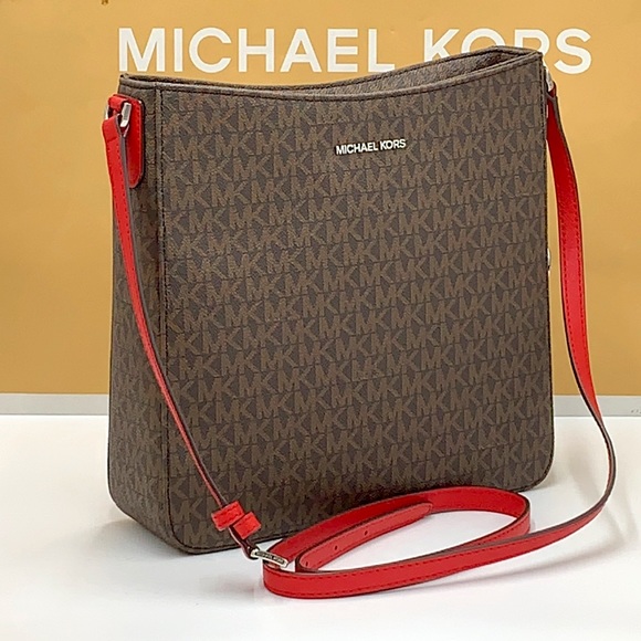 Michael Kors Handbags - MICHAEL KORS 
Jet Set Travel Large Logo Messenger Bag BRIGHT RED/BROWN SIGNATURE